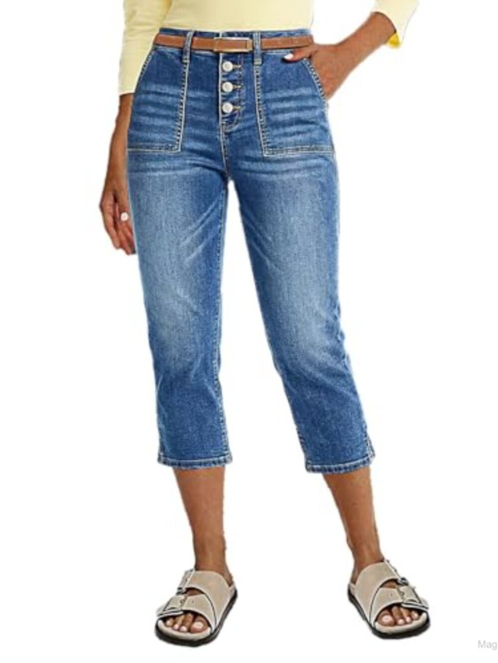Flamingals Women's Skinny Capri Jeans Mid Waist Split Button Vintage